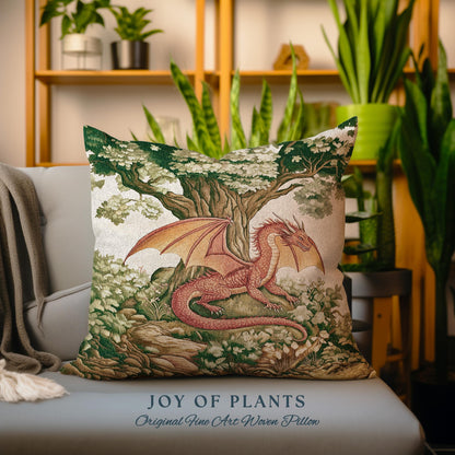 Whimsical Red Dragon Pillow Antique Forest Scene Tapestry Cushion | Light Academia Aesthetic Medieval Inspired Mystical Fantasy Home Decor