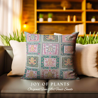 Colorful Scandinavian Gingerbread Pillow Whimsical Boho Cottagecore Decor | Playful Farmhouse Holiday Tapestry Cushion Cozy Retro Christmas