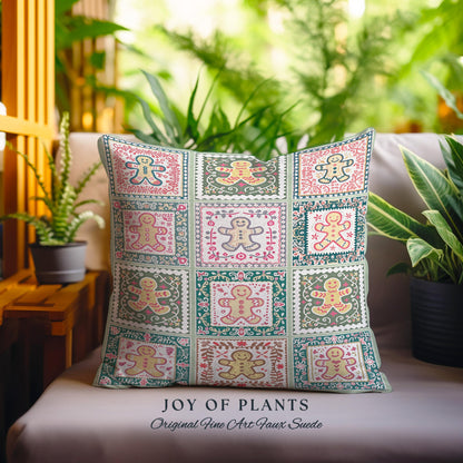 Colorful Scandinavian Gingerbread Pillow Whimsical Boho Cottagecore Decor | Playful Farmhouse Holiday Tapestry Cushion Cozy Retro Christmas
