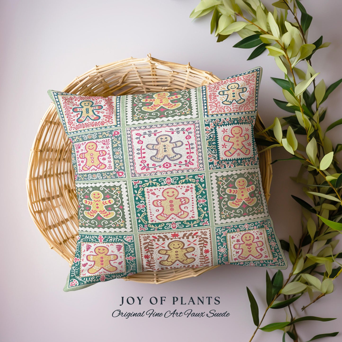 Colorful Scandinavian Gingerbread Pillow Whimsical Boho Cottagecore Decor | Playful Farmhouse Holiday Tapestry Cushion Cozy Retro Christmas