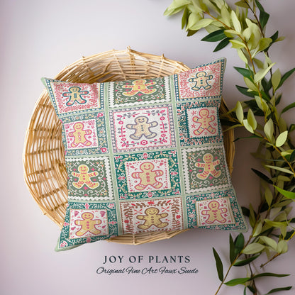 Colorful Scandinavian Gingerbread Pillow Whimsical Boho Cottagecore Decor | Playful Farmhouse Holiday Tapestry Cushion Cozy Retro Christmas