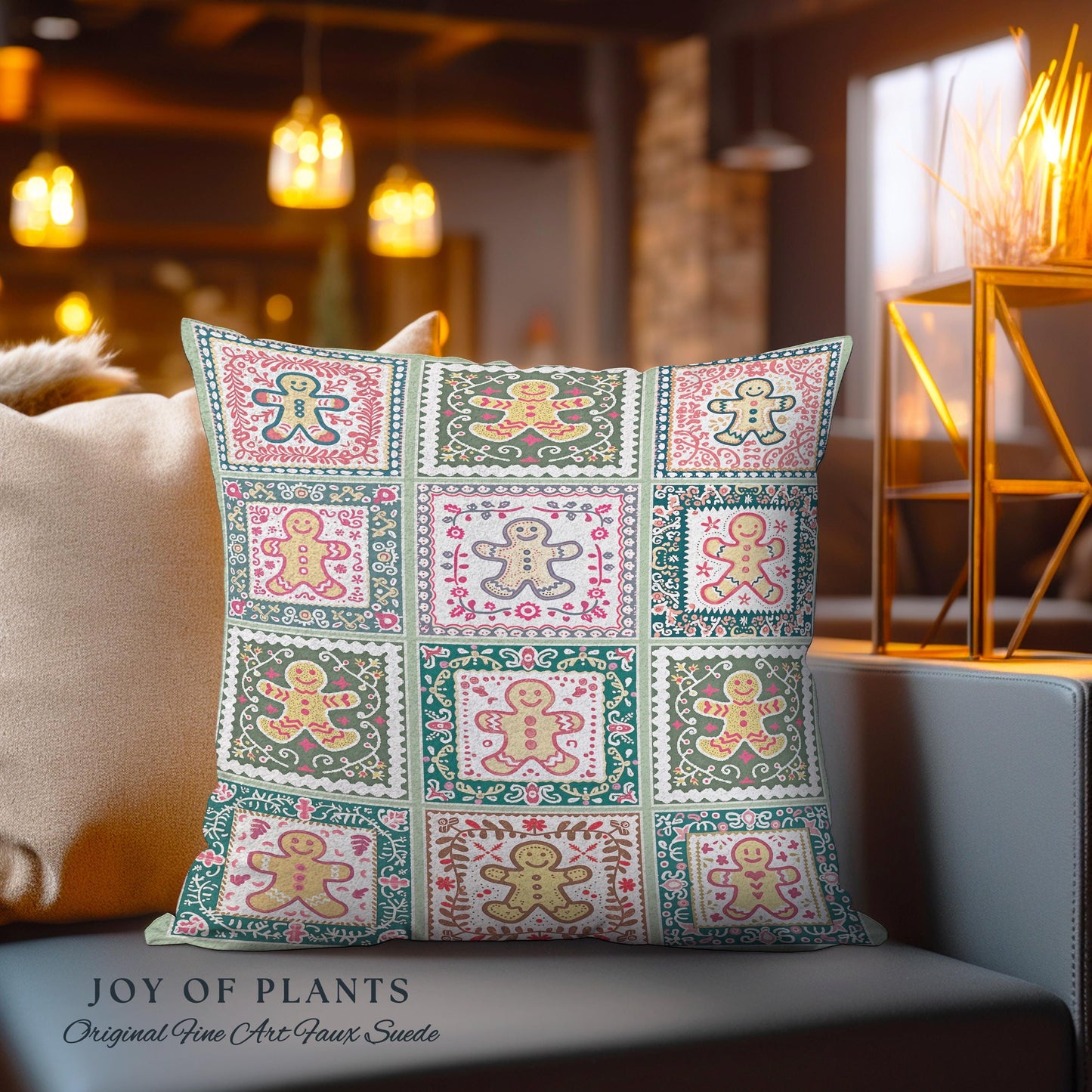 Colorful Scandinavian Gingerbread Pillow Whimsical Boho Cottagecore Decor | Playful Farmhouse Holiday Tapestry Cushion Cozy Retro Christmas