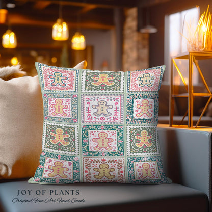 Colorful Scandinavian Gingerbread Pillow Whimsical Boho Cottagecore Decor | Playful Farmhouse Holiday Tapestry Cushion Cozy Retro Christmas