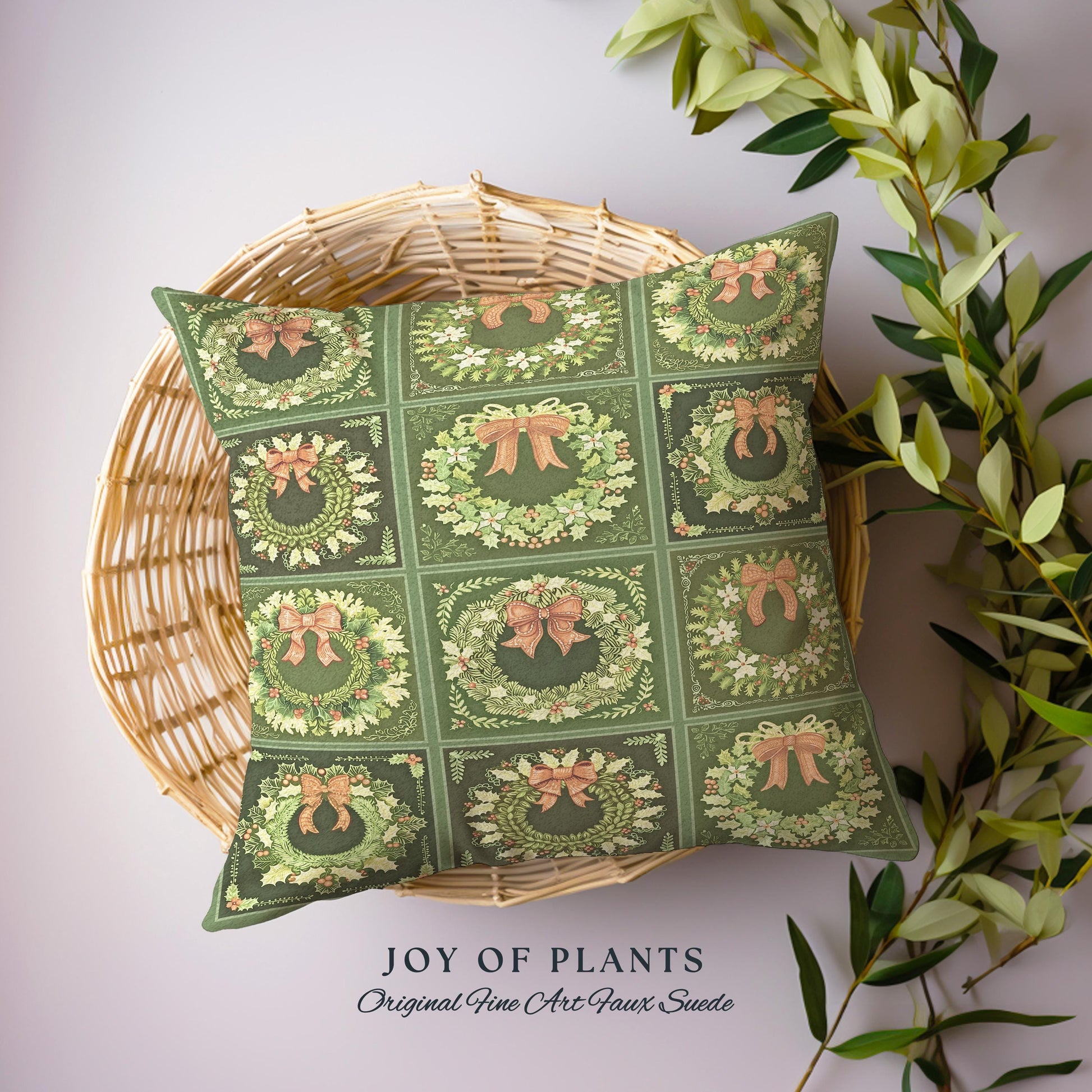 Festive Green Holiday Squares Woven Pillow Rustic Farmhouse Christmas Tapestry Cushion | Vintage Cozy Home Decor Boho Country Cottage X-Mas