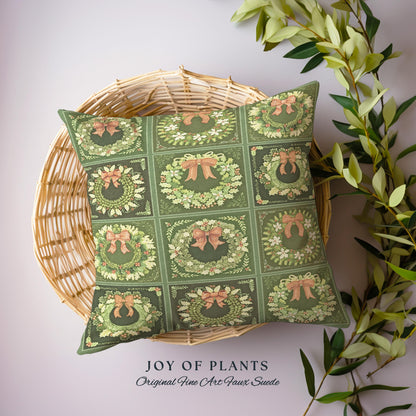 Festive Green Holiday Squares Woven Pillow Rustic Farmhouse Christmas Tapestry Cushion | Vintage Cozy Home Decor Boho Country Cottage X-Mas