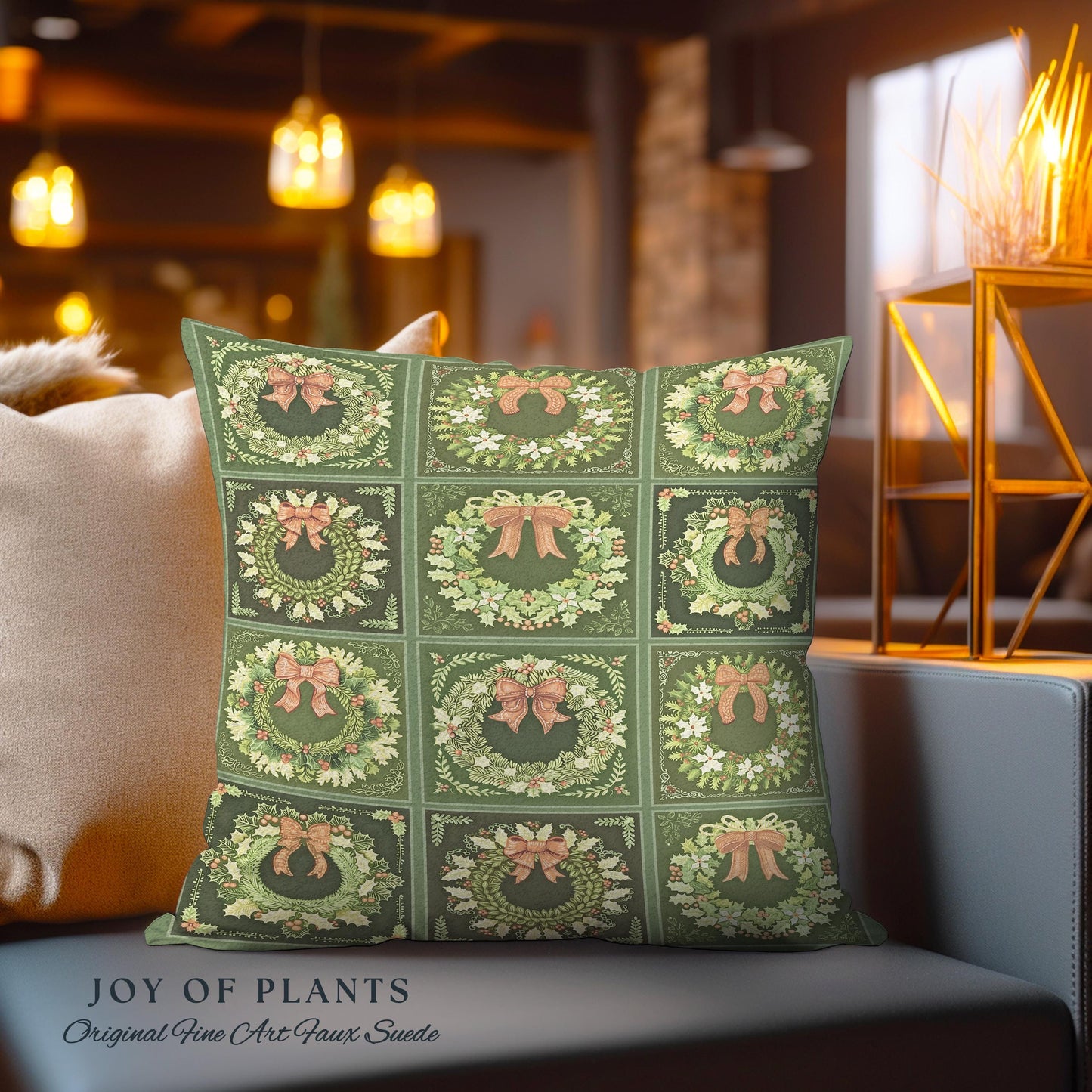 Festive Green Holiday Squares Woven Pillow Rustic Farmhouse Christmas Tapestry Cushion | Vintage Cozy Home Decor Boho Country Cottage X-Mas