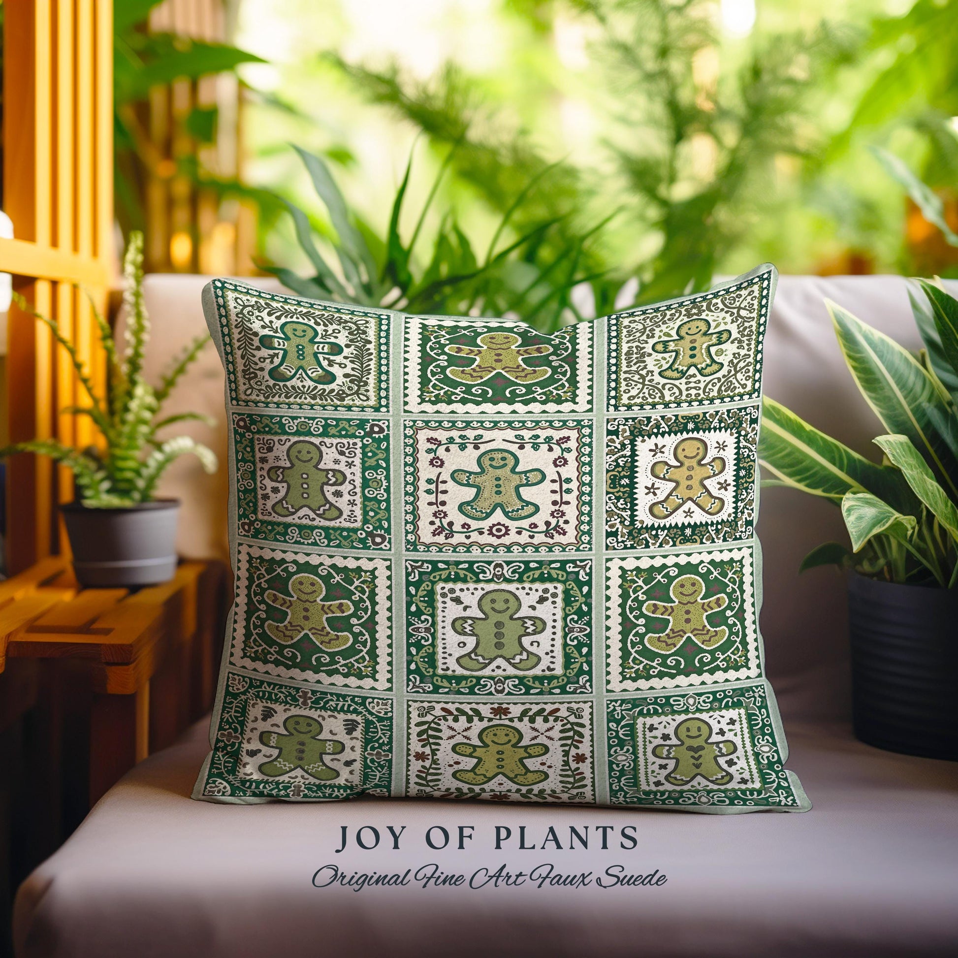 Vintage Folk Art Gingerbread Pillow Retro Forest Green Hygge Holiday Decor | Nordic Cottage Home Scandi Sage Green Festive Tapestry Cushion
