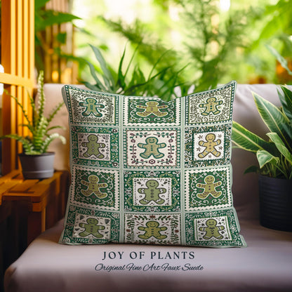 Vintage Folk Art Gingerbread Pillow Retro Forest Green Hygge Holiday Decor | Nordic Cottage Home Scandi Sage Green Festive Tapestry Cushion