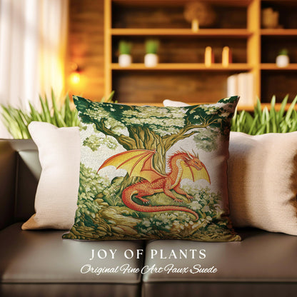 Whimsical Red Dragon Pillow Antique Forest Scene Tapestry Cushion | Light Academia Aesthetic Medieval Inspired Mystical Fantasy Home Decor