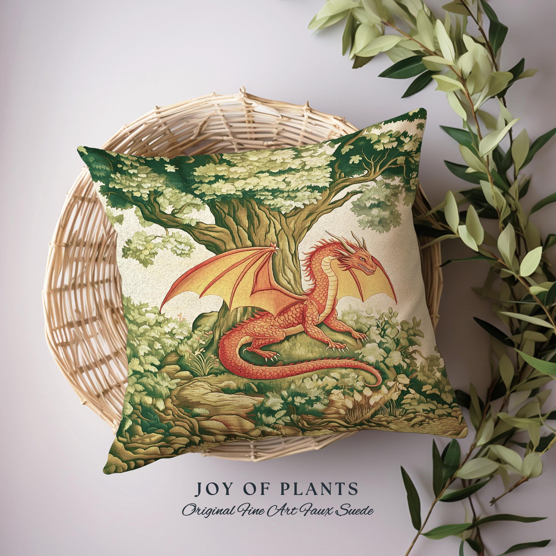 Whimsical Red Dragon Pillow Antique Forest Scene Tapestry Cushion | Light Academia Aesthetic Medieval Inspired Mystical Fantasy Home Decor