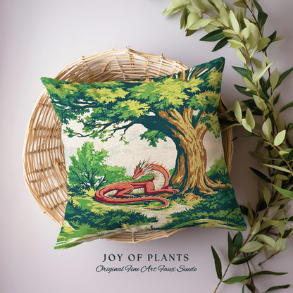 Enchanted Red Dragon Pillow Mystical Forest Scene Tapestry Cushion | Fantasy Medieval Decor Cozy Home Accent Woodland Gothic Light Academia