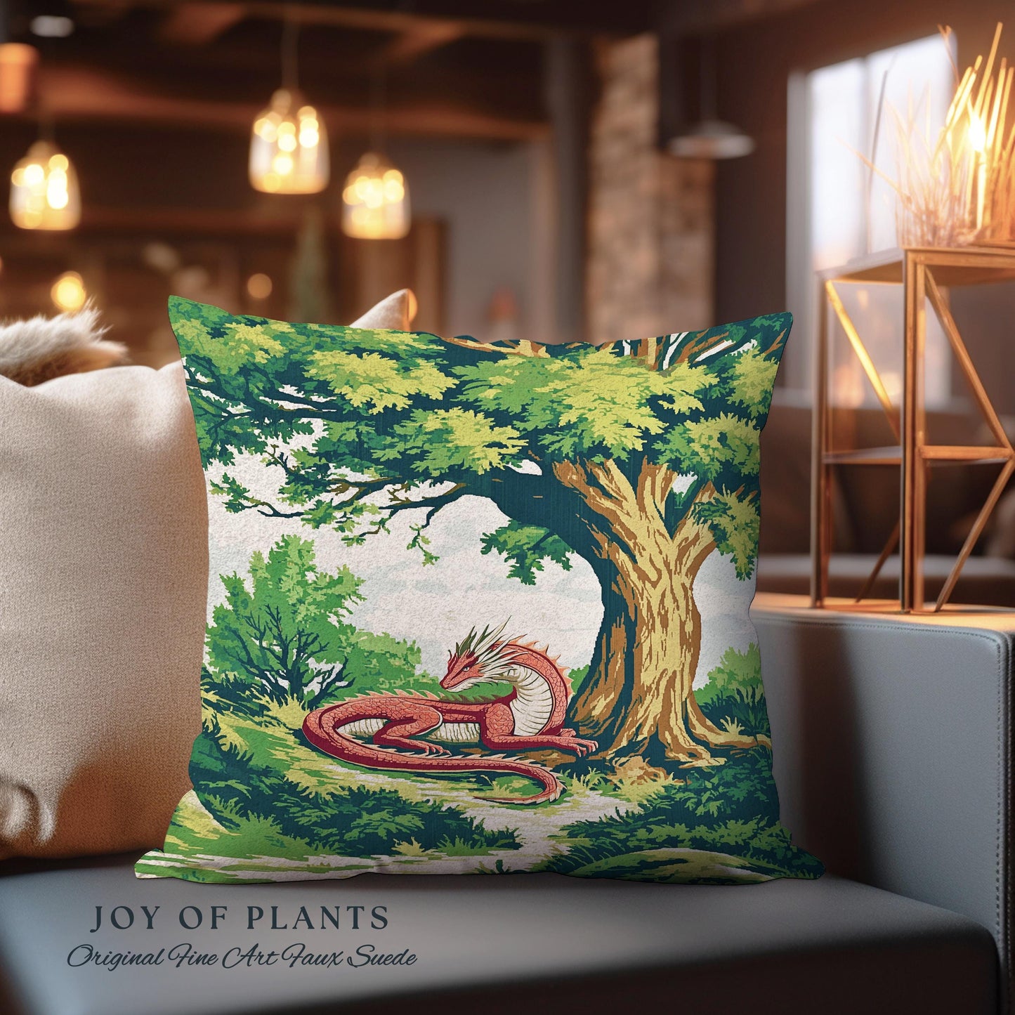 Enchanted Red Dragon Pillow Mystical Forest Scene Tapestry Cushion | Fantasy Medieval Decor Cozy Home Accent Woodland Gothic Light Academia