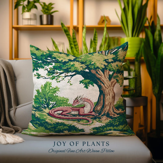 Enchanted Red Dragon Pillow Mystical Forest Scene Tapestry Cushion | Fantasy Medieval Decor Cozy Home Accent Woodland Gothic Light Academia