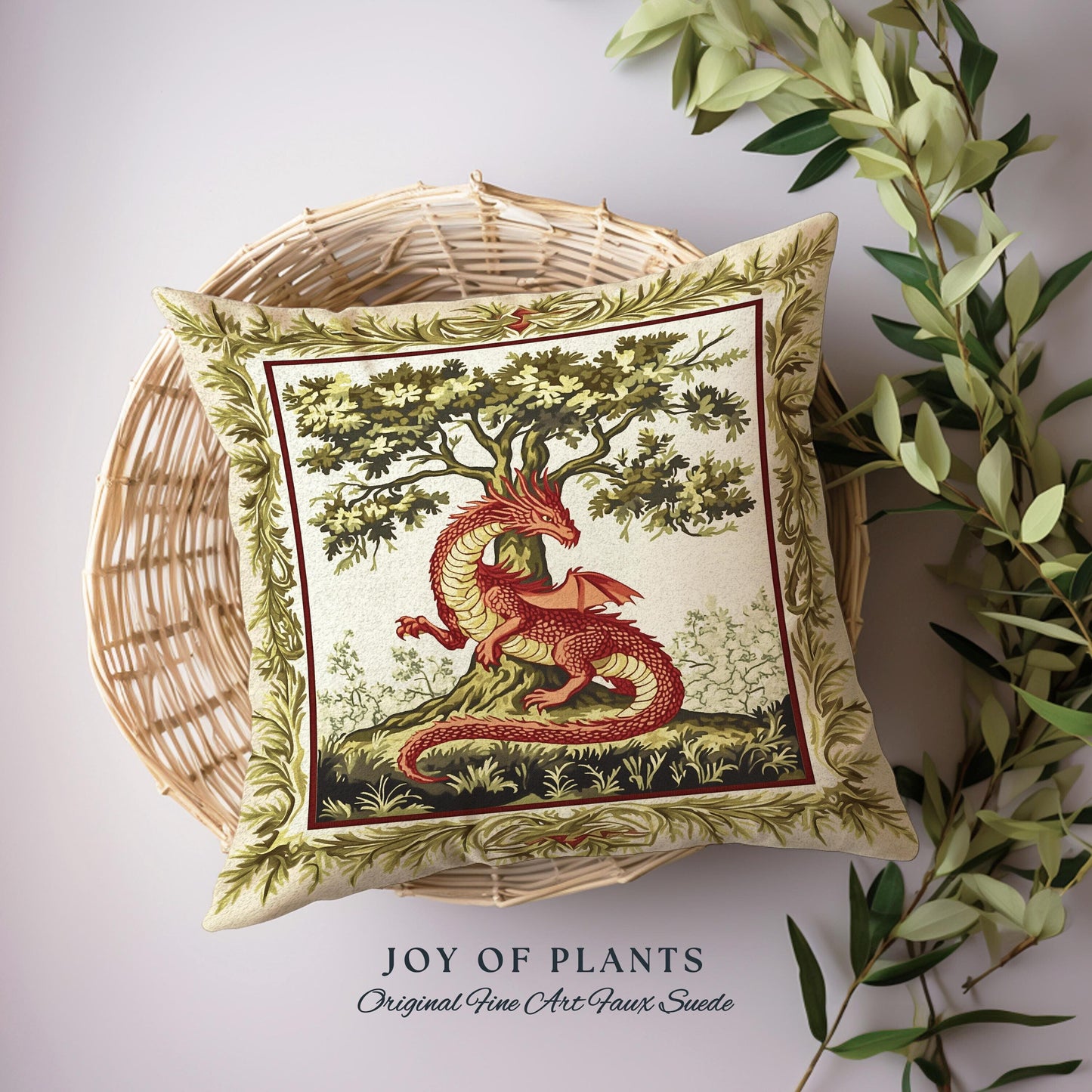 Light Academia Dragon Pillow Whimsical Woodland Goblincore Tapestry Cushion | Magical Mythical Creature Decor Cozy Rustic Whimsigothic Home