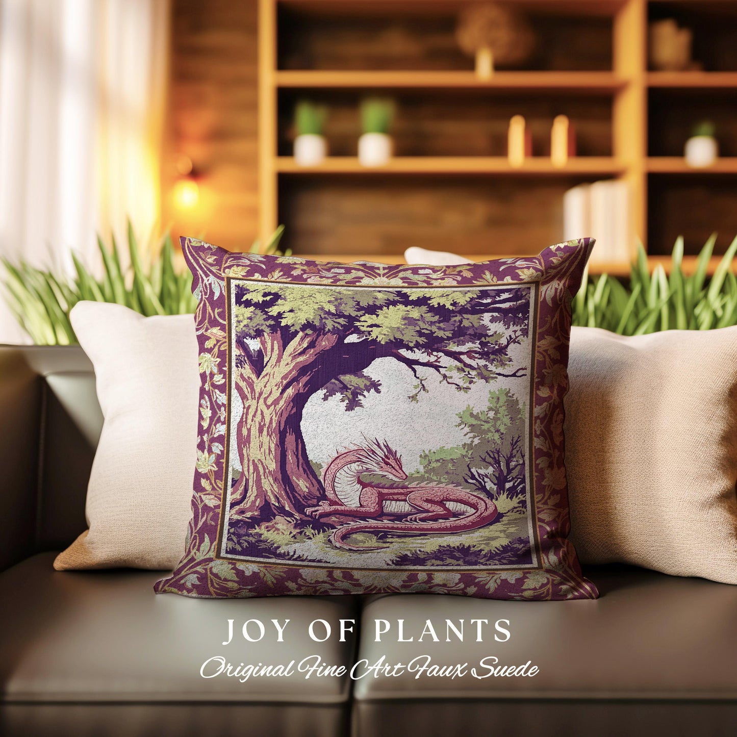 Ethereal Woodland Dragon Pillow Whimsigothic Fantasy Art Nouveau Cushion | Rustic Fairycore Magic Cottagegoth Decor Enchanted Gothic Forest