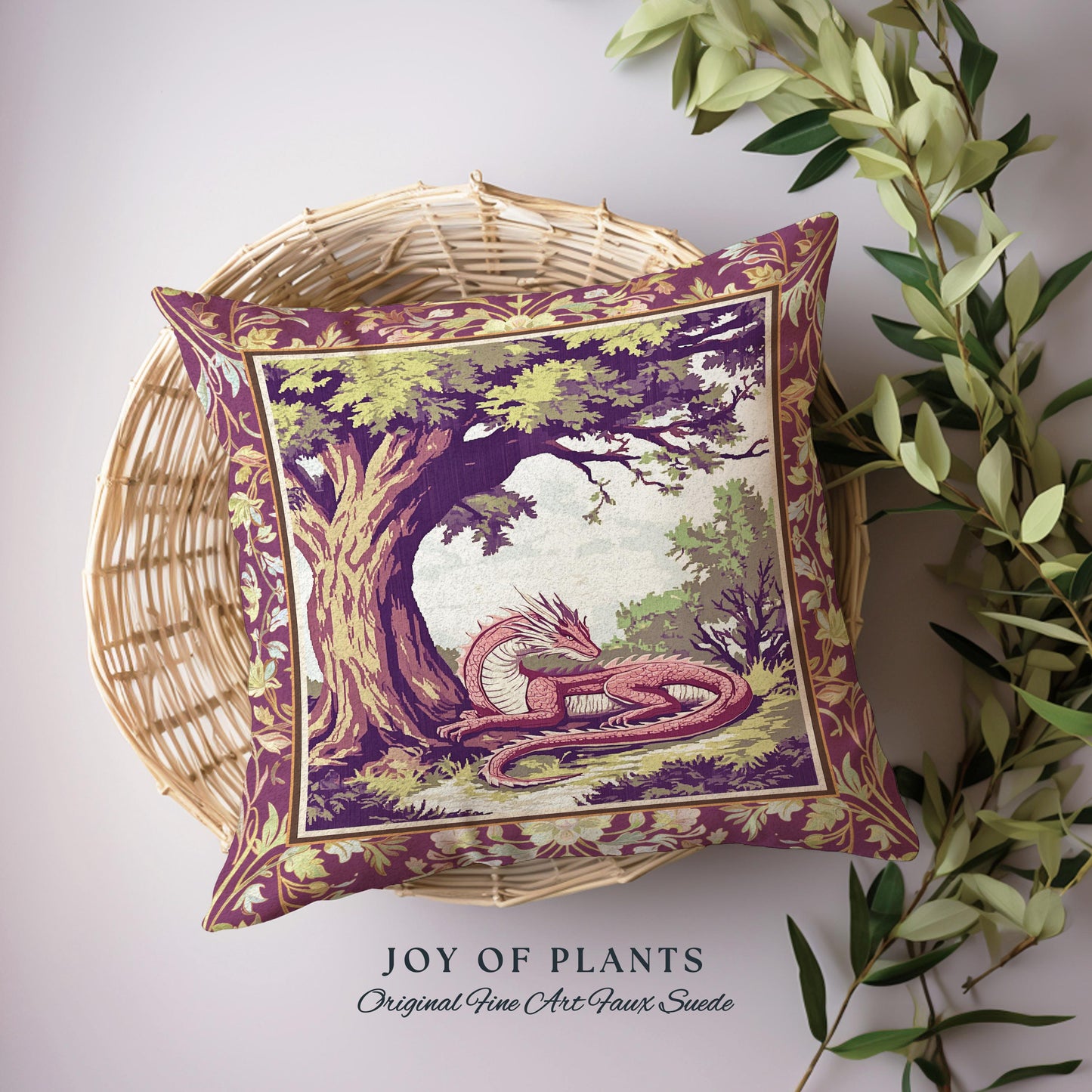 Ethereal Woodland Dragon Pillow Whimsigothic Fantasy Art Nouveau Cushion | Rustic Fairycore Magic Cottagegoth Decor Enchanted Gothic Forest