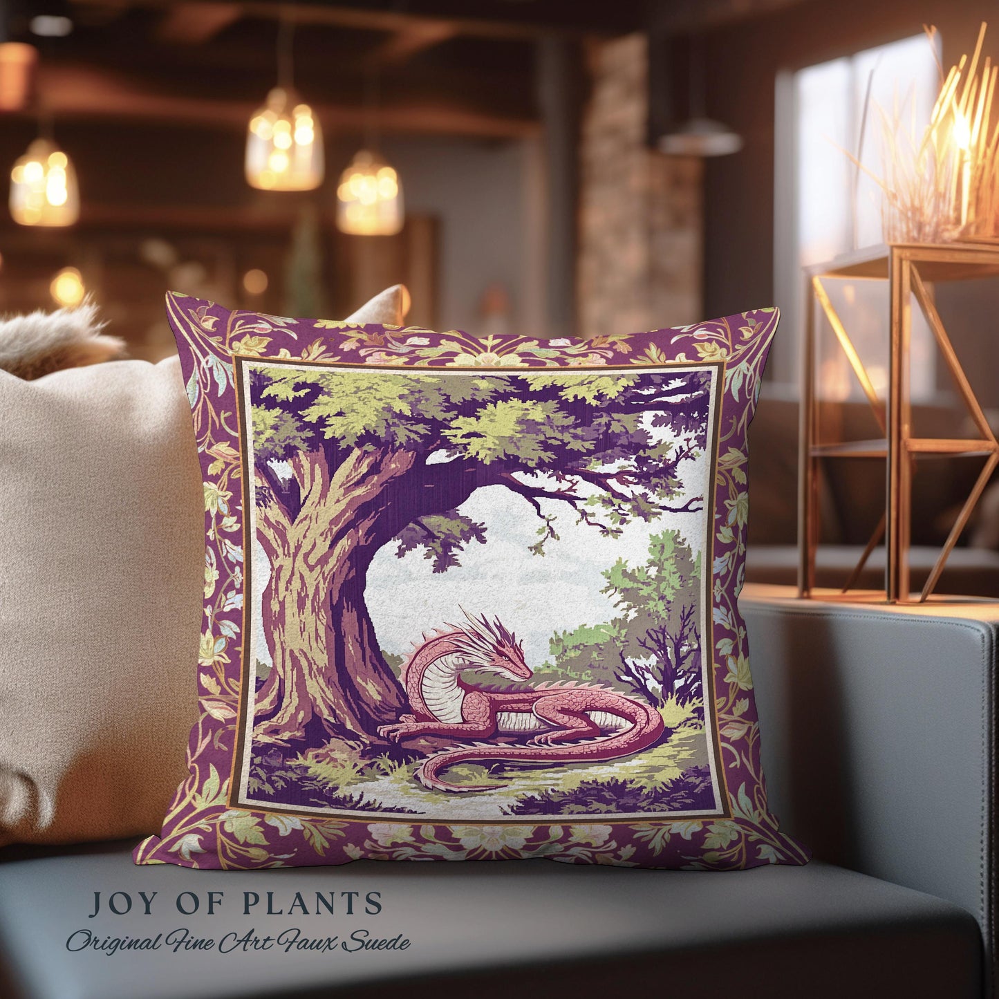 Ethereal Woodland Dragon Pillow Whimsigothic Fantasy Art Nouveau Cushion | Rustic Fairycore Magic Cottagegoth Decor Enchanted Gothic Forest