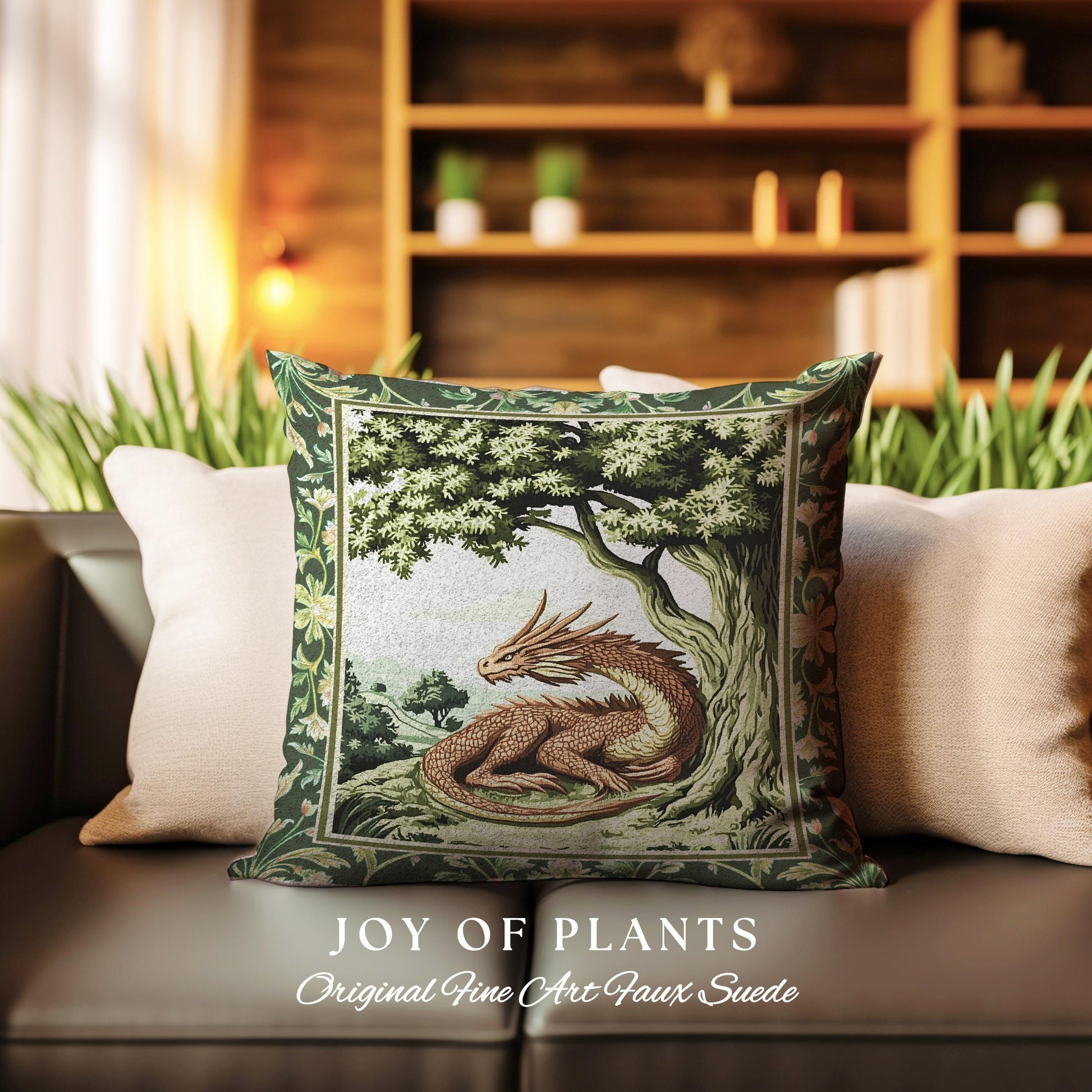 Woodland Dragon Pillow Enchanted Forest Tree Folklore Tapestry Cushion | Mystical Medieval Aesthetic Sage Green Accent Rustic Fantasy Home