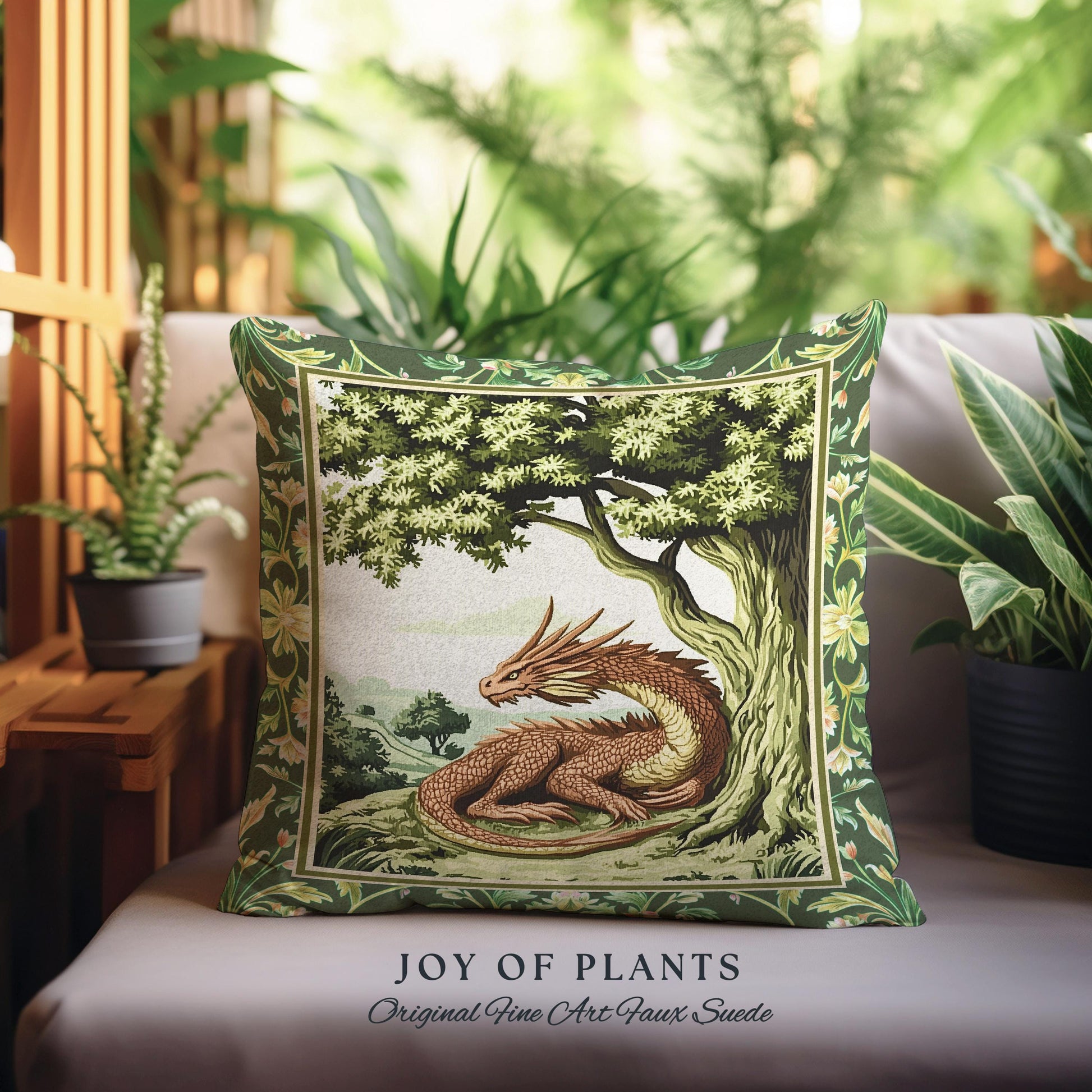 Woodland Dragon Pillow Enchanted Forest Tree Folklore Tapestry Cushion | Mystical Medieval Aesthetic Sage Green Accent Rustic Fantasy Home