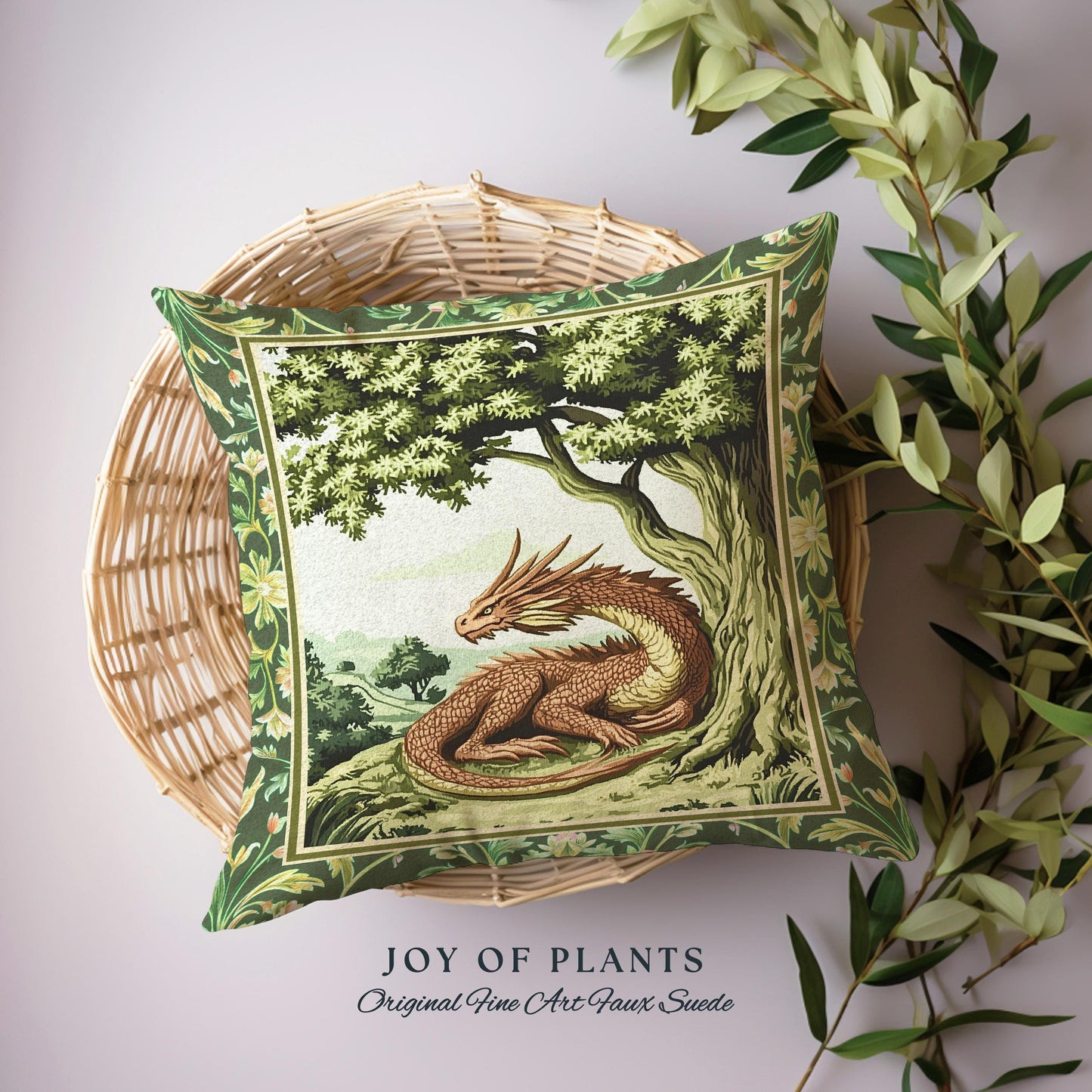 Woodland Dragon Pillow Enchanted Forest Tree Folklore Tapestry Cushion | Mystical Medieval Aesthetic Sage Green Accent Rustic Fantasy Home