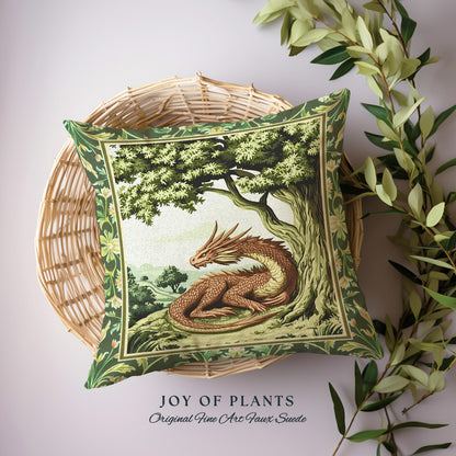 Woodland Dragon Pillow Enchanted Forest Tree Folklore Tapestry Cushion | Mystical Medieval Aesthetic Sage Green Accent Rustic Fantasy Home