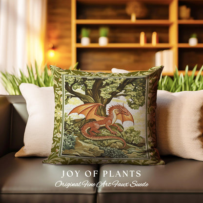 Whimsical Victorian Gothic Red Dragon Pillow Antique Forest Scene Tapestry Cushion | Medieval Inspired Light Academia Mystical Fantasy Decor