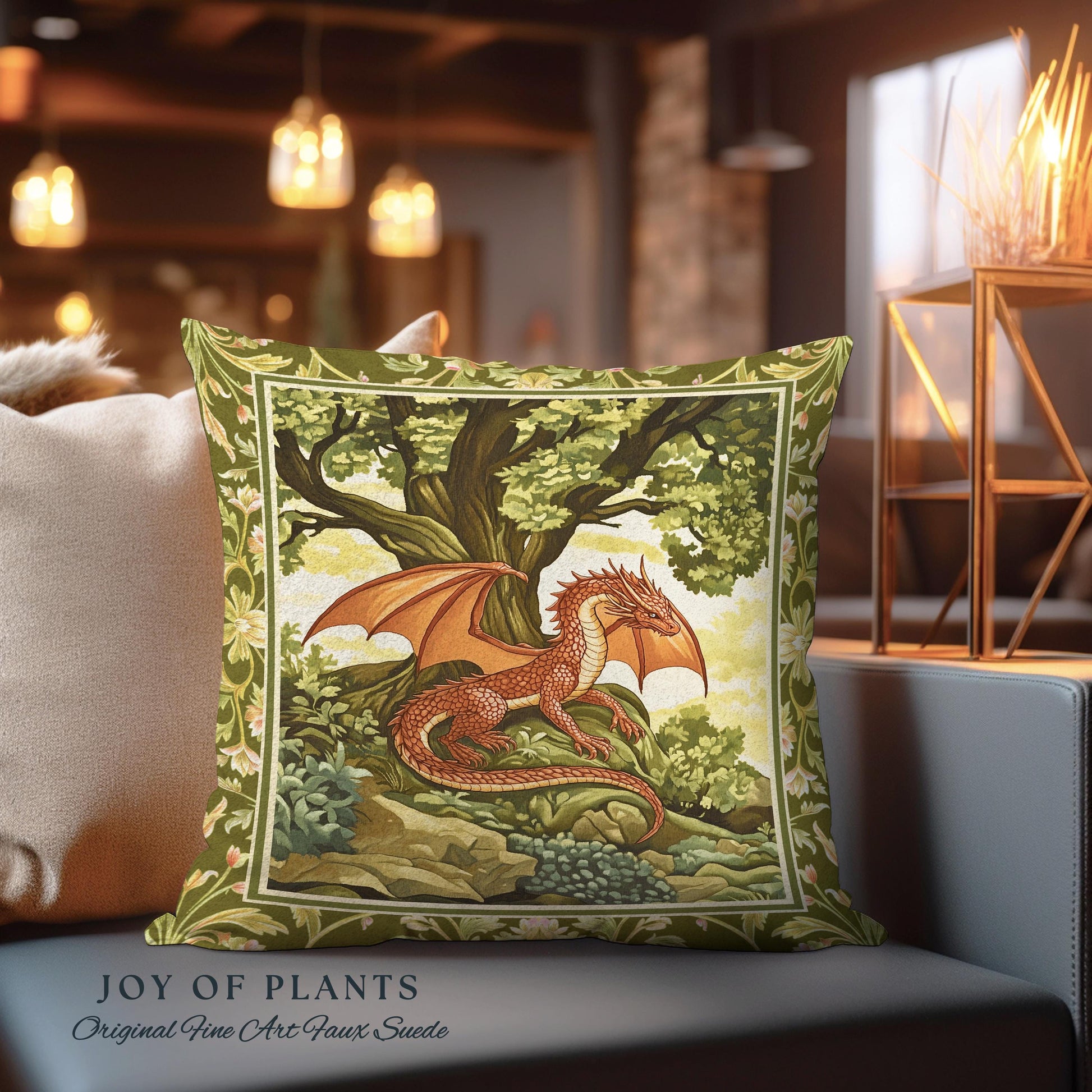 Whimsical Victorian Gothic Red Dragon Pillow Antique Forest Scene Tapestry Cushion | Medieval Inspired Light Academia Mystical Fantasy Decor