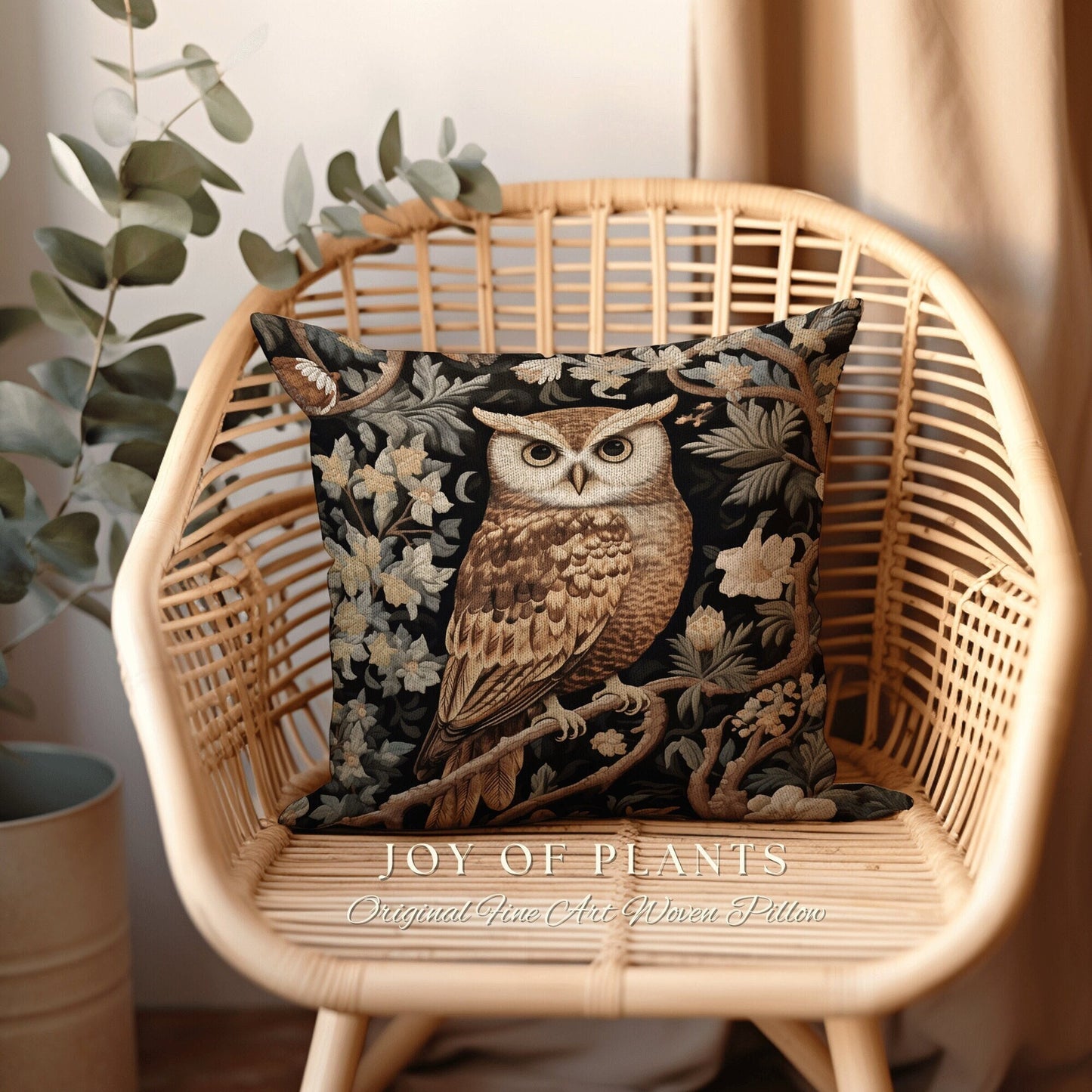 Morris Owl Woven Throw Pillow | William Morris Inspired Throw Pillow Woodland Forestcore Decor Pillow Maximalist Home Decor Throw Pillow Owl