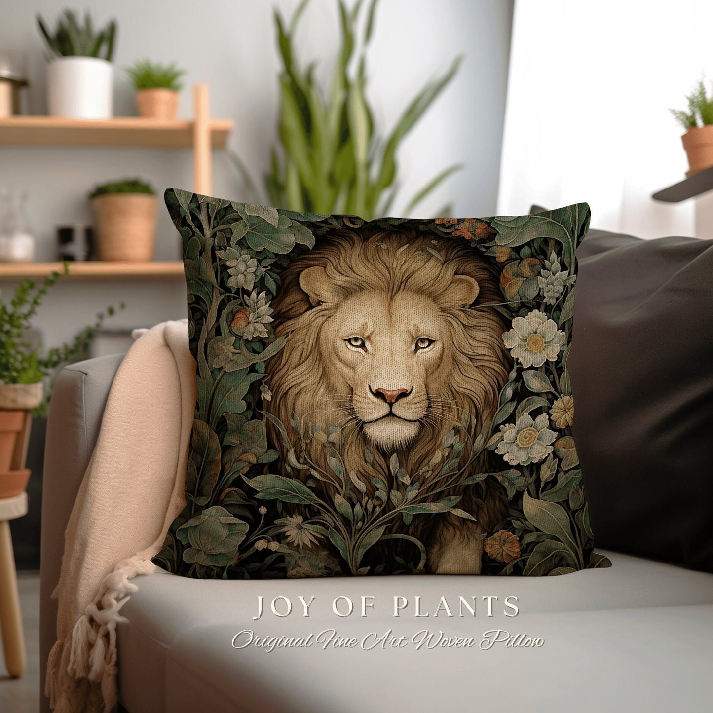 Maximalist Lion Pillow Woven Decor | William Morris Inspired Pillow Woodland Decor Pillow Maximalist Decor Throw Pillow Botanical Lion Decor