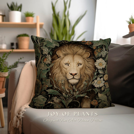 Maximalist Lion Pillow Woven Decor | William Morris Inspired Pillow Woodland Decor Pillow Maximalist Decor Throw Pillow Botanical Lion Decor