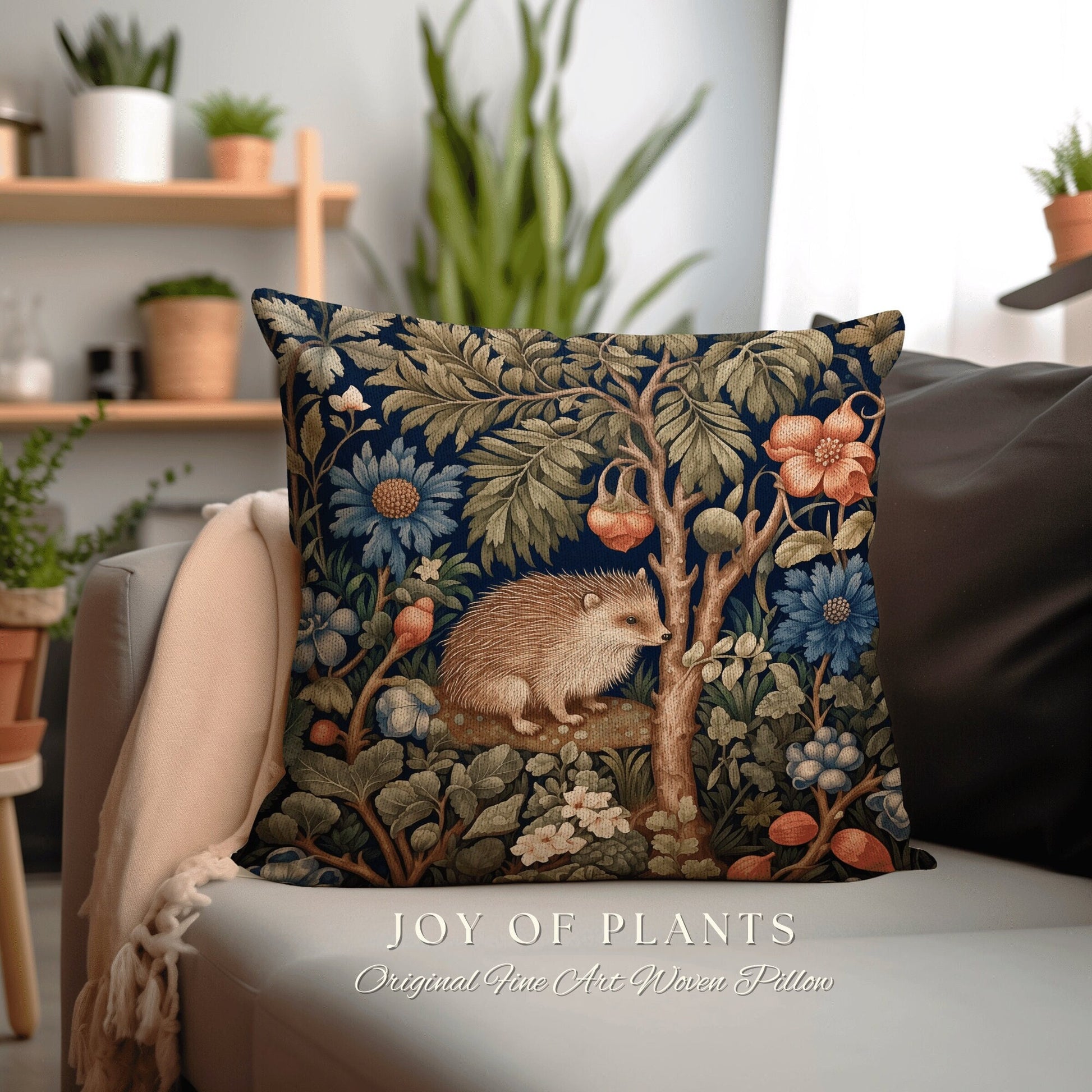 Hedgehog Throw Pillow | William Morris Inspired Pillow Woodland Cottagecore Decor Pillow Maximalist Home Decor Custom Morris Style Hedgehog