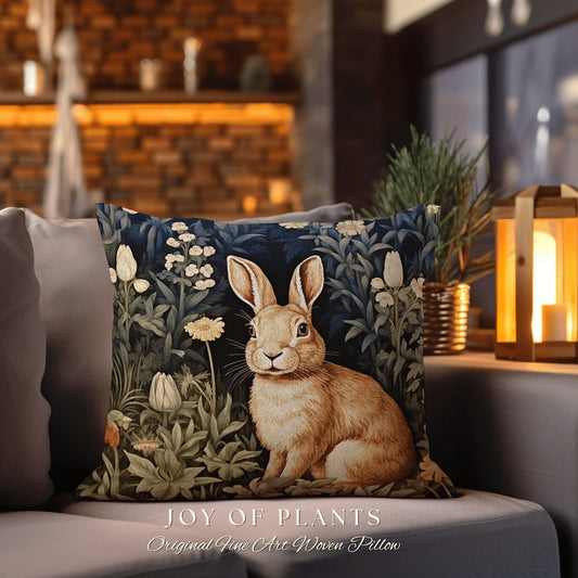 Bunny Throw Pillow Spring Decor | Fairycore Woven Accent Pillow Cottagecore Room Decor Botanical Bunny Aesthetic Rabbit Cushion Whimsical |