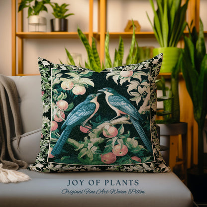 Victorian Gothic Woodland Bird Botanical Pillow | Dark Cottagecore Crowcore Raven Dark Academia Tapestry Cushion Love Bird Gift Forestcore