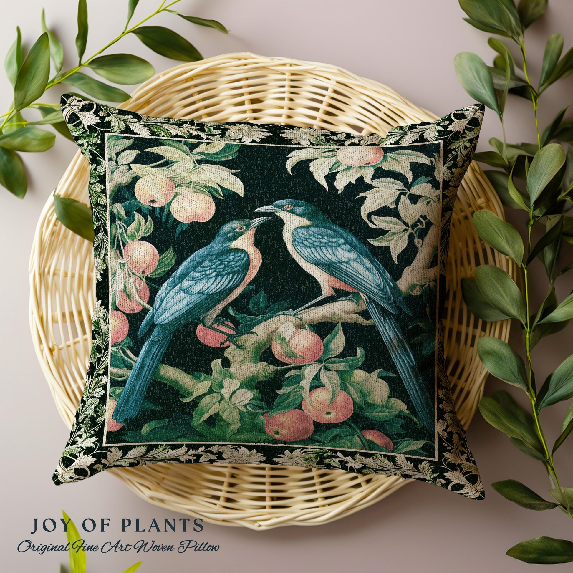 Victorian Gothic Woodland Bird Botanical Pillow | Dark Cottagecore Crowcore Raven Dark Academia Tapestry Cushion Love Bird Gift Forestcore