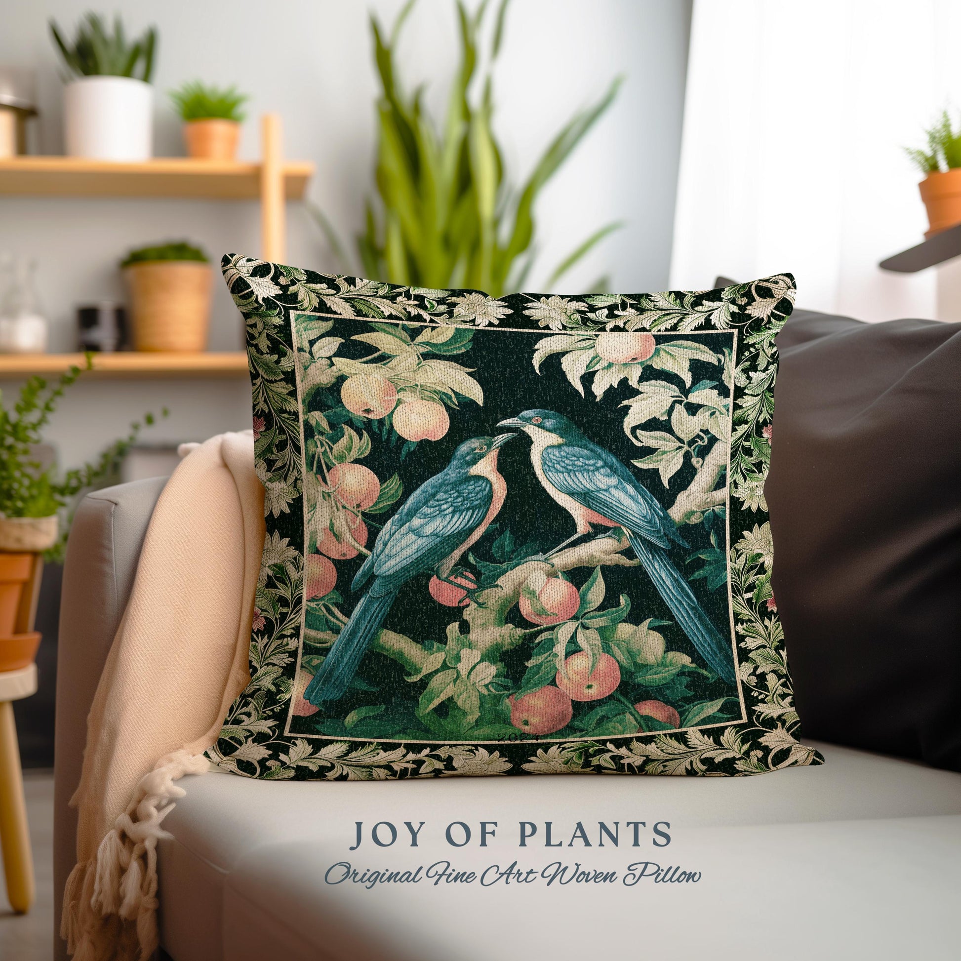 Victorian Gothic Woodland Bird Botanical Pillow | Dark Cottagecore Crowcore Raven Dark Academia Tapestry Cushion Love Bird Gift Forestcore