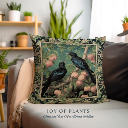 Dark Botanical Black Raven Pillow Gothic Forestcore Home Decor | Dark Academia Crowcore Decor Whimsigoth Aesthetic Bird Art Tapestry Cushion