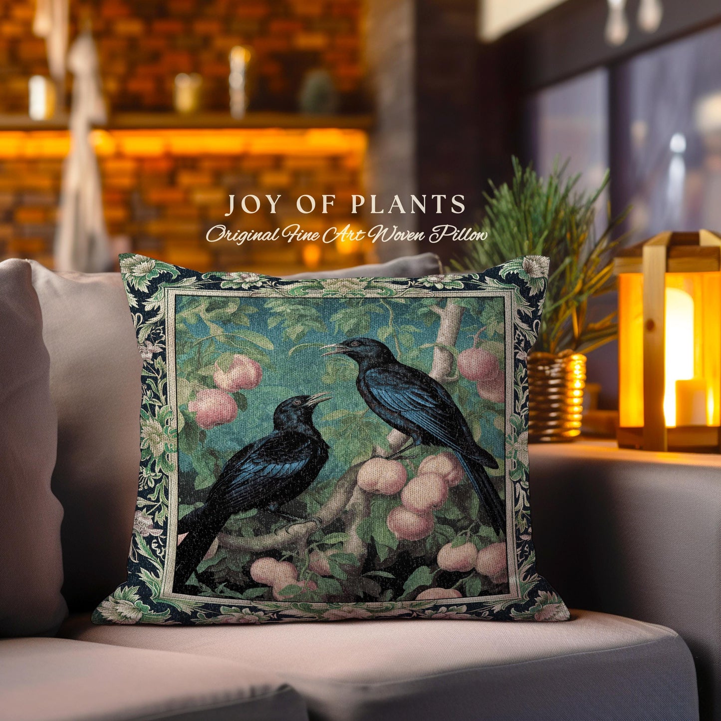 Dark Botanical Black Raven Pillow Gothic Forestcore Home Decor | Dark Academia Crowcore Decor Whimsigoth Aesthetic Bird Art Tapestry Cushion