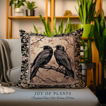 Crow Tapestry Woven Cushion Gothic Black Raven Art Whimsical Witchy Forestcore | Vintage Crowcore Aesthetic Woodland Gothic Bird Pillow