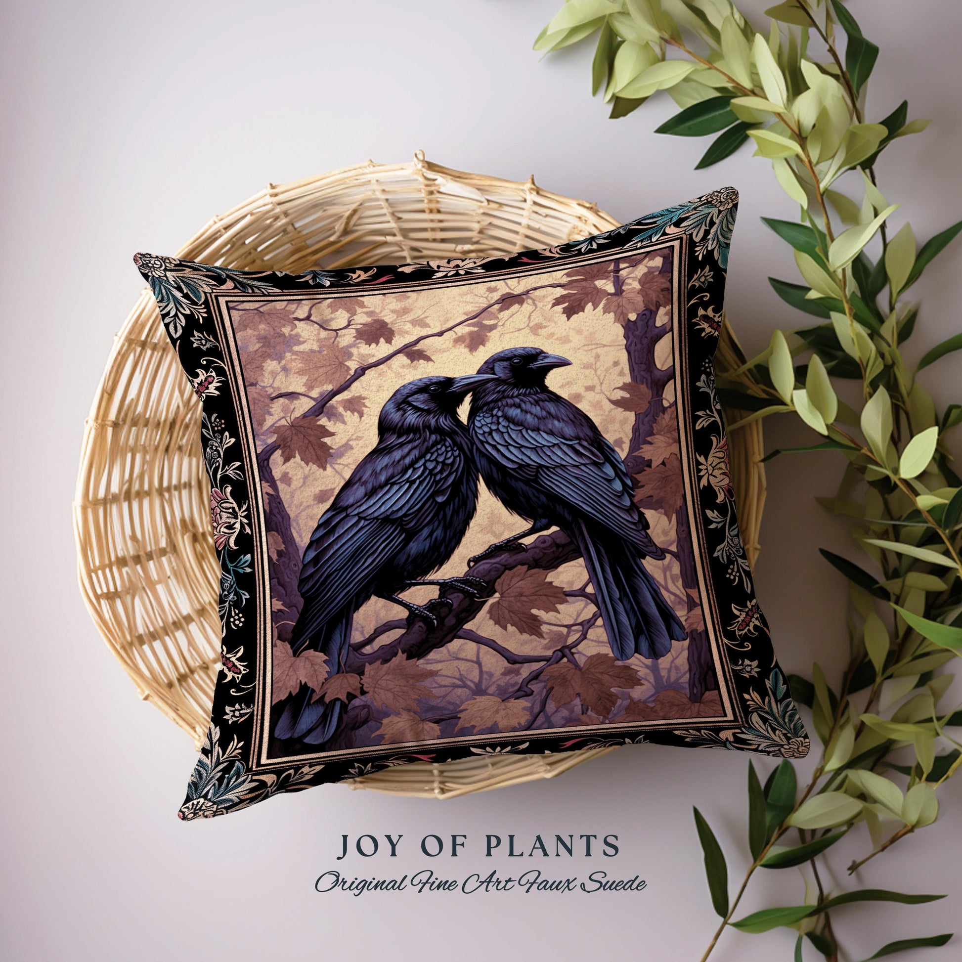 Woodland Gothic Woven Raven Tapestry Cushion Victorian Crowcore Art Decor | Whimsigothic Forestcore Crow Lovers Vintage Witchy Aesthetic