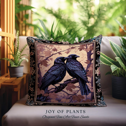 Woodland Gothic Woven Raven Tapestry Cushion Victorian Crowcore Art Decor | Whimsigothic Forestcore Crow Lovers Vintage Witchy Aesthetic