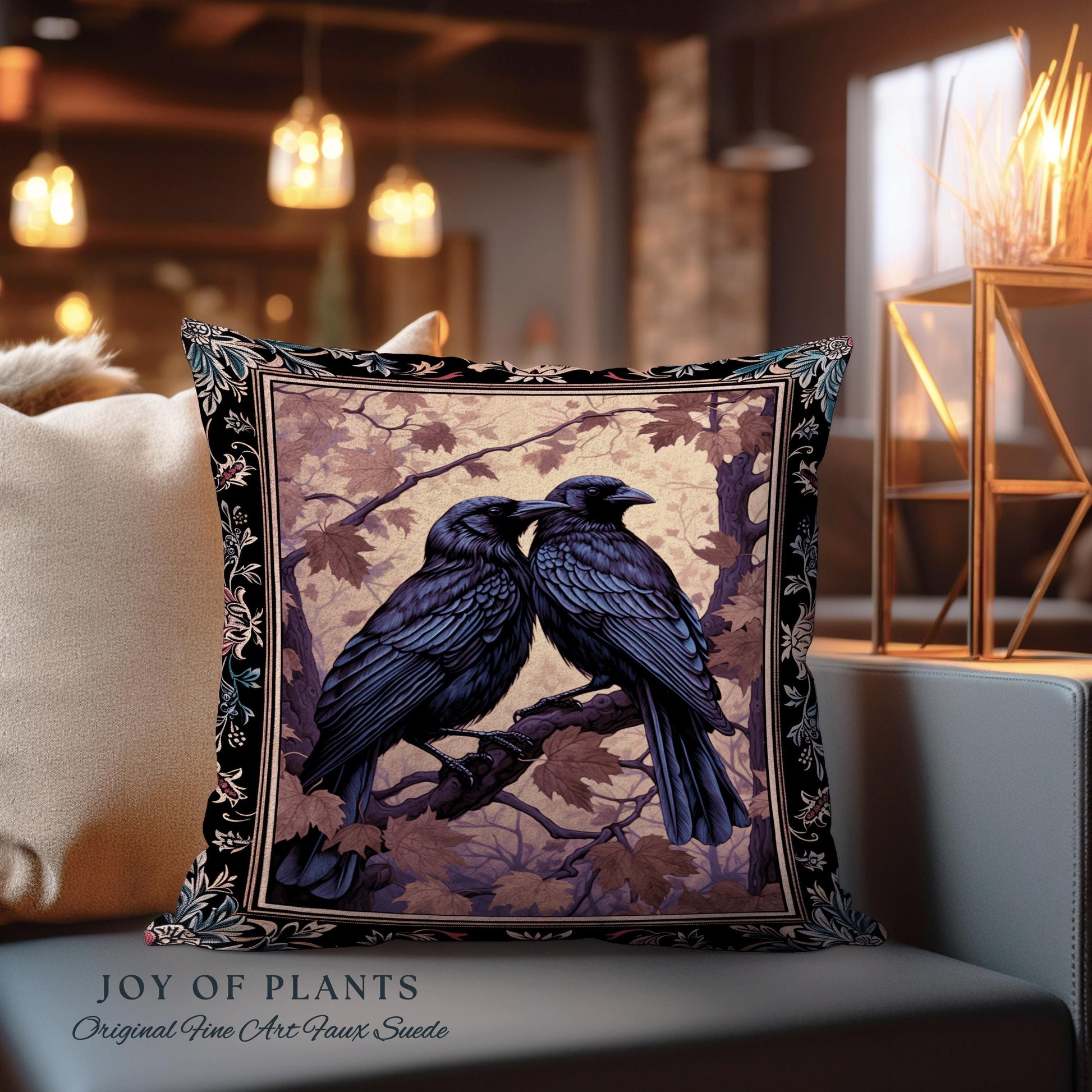 Woodland Gothic Woven Raven Tapestry Cushion Victorian Crowcore Art Decor | Whimsigothic Forestcore Crow Lovers Vintage Witchy Aesthetic