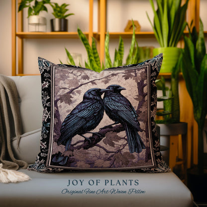 Woodland Gothic Woven Raven Tapestry Cushion Victorian Crowcore Art Decor | Whimsigothic Forestcore Crow Lovers Vintage Witchy Aesthetic