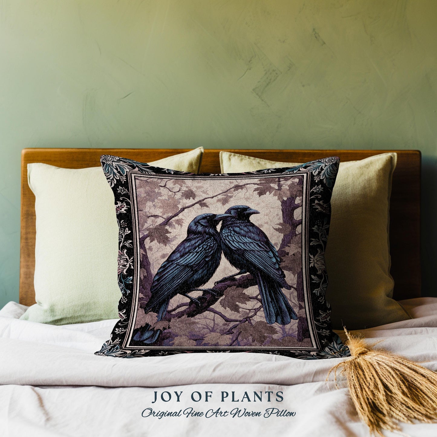 Woodland Gothic Woven Raven Tapestry Cushion Victorian Crowcore Art Decor | Whimsigothic Forestcore Crow Lovers Vintage Witchy Aesthetic