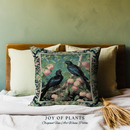 Dark Botanical Black Raven Pillow Gothic Forestcore Home Decor | Dark Academia Crowcore Decor Whimsigoth Aesthetic Bird Art Tapestry Cushion