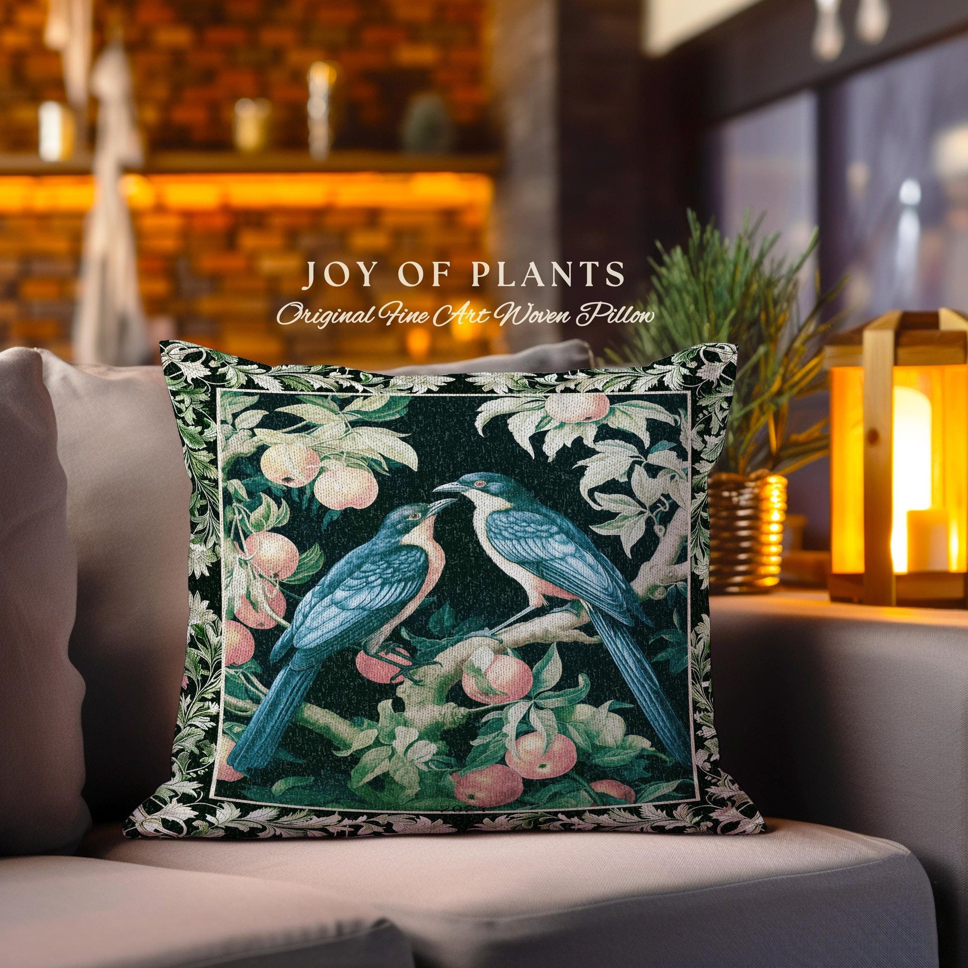 Victorian Gothic Woodland Bird Botanical Pillow | Dark Cottagecore Crowcore Raven Dark Academia Tapestry Cushion Love Bird Gift Forestcore