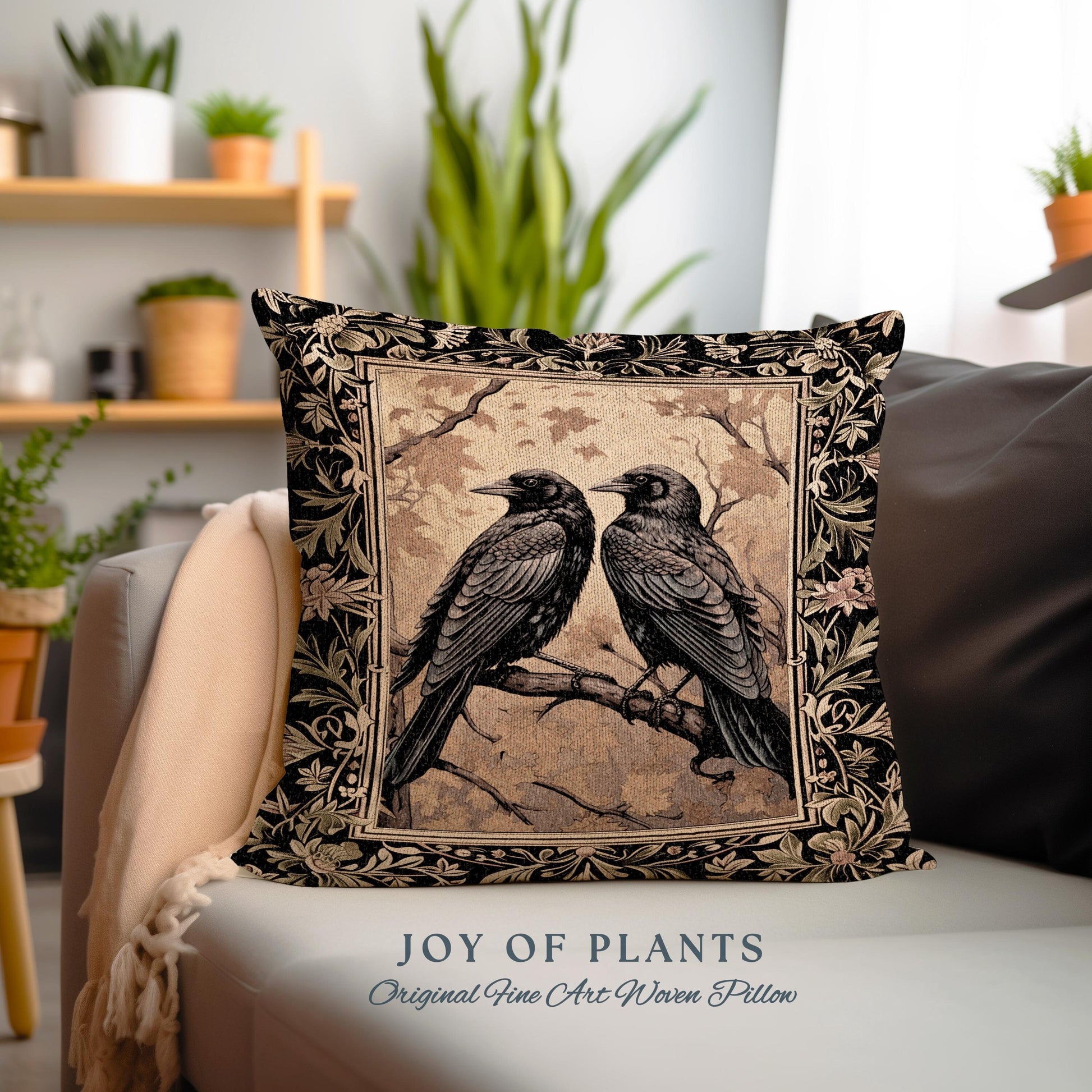 Crow Tapestry Woven Cushion Gothic Black Raven Art Whimsical Witchy Forestcore | Vintage Crowcore Aesthetic Woodland Gothic Bird Pillow