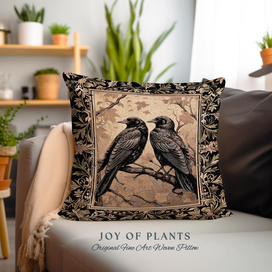 Crow Tapestry Woven Cushion Gothic Black Raven Art Whimsical Witchy Forestcore | Vintage Crowcore Aesthetic Woodland Gothic Bird Pillow