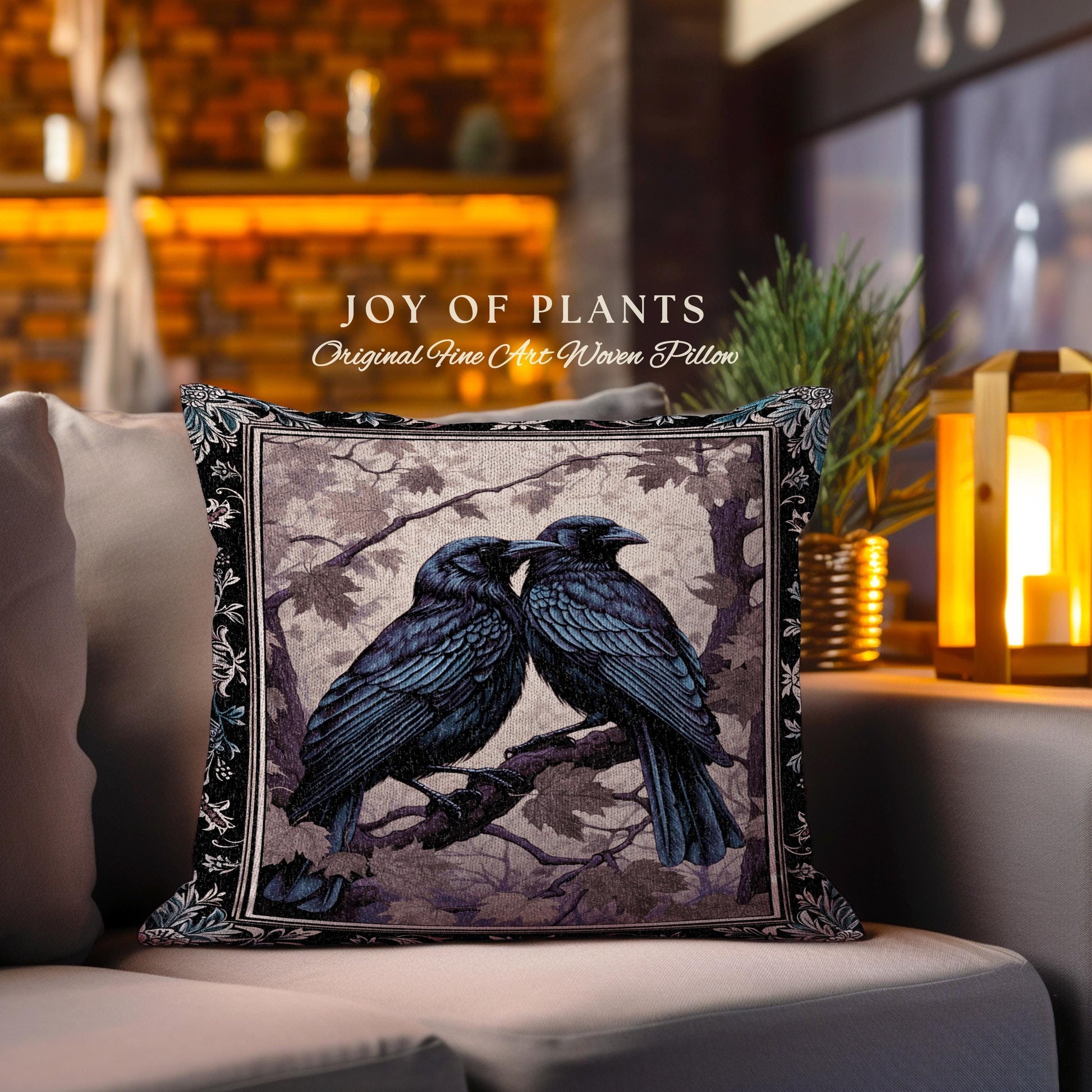 Woodland Gothic Woven Raven Tapestry Cushion Victorian Crowcore Art Decor | Whimsigothic Forestcore Crow Lovers Vintage Witchy Aesthetic