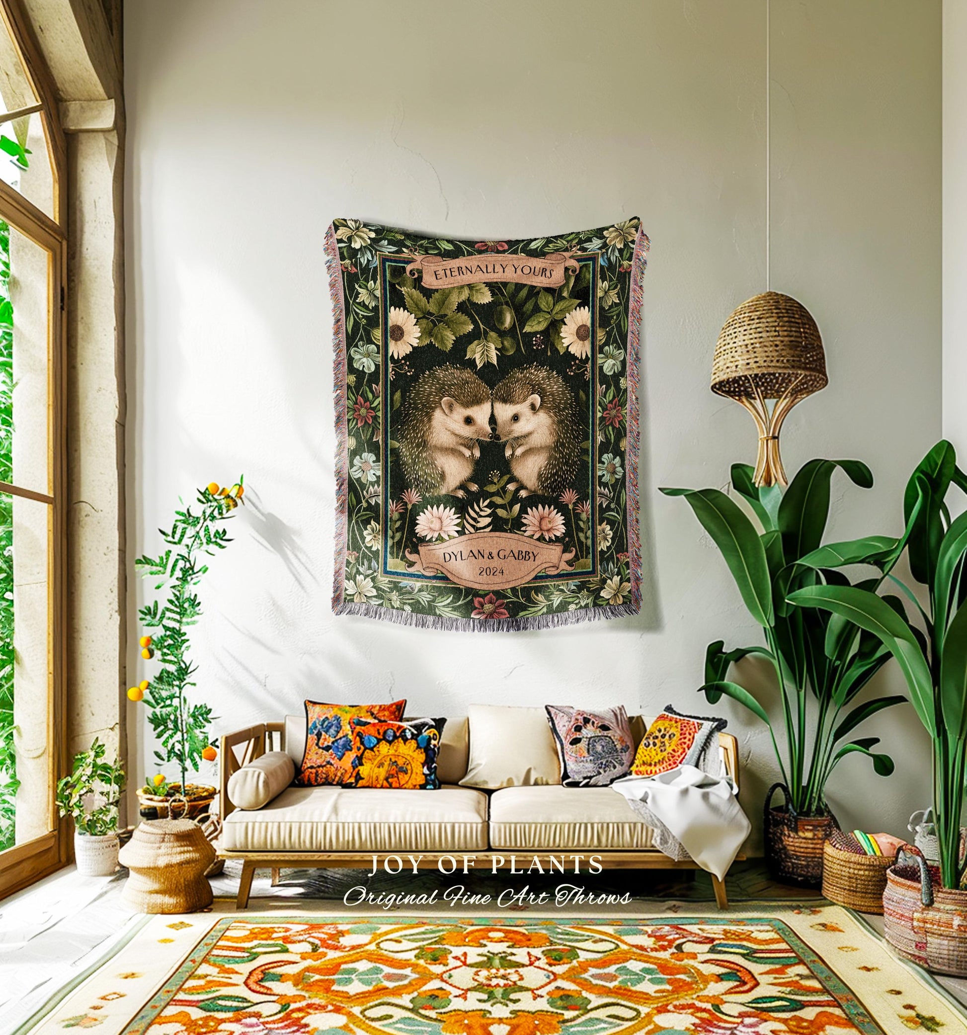 Custom Names Hedgehog Couple Blanket | Sentimental Anniversary Tapestry Woven Scandinavian Folk Wedding Custom Name Hedge Hog Gifts Floral