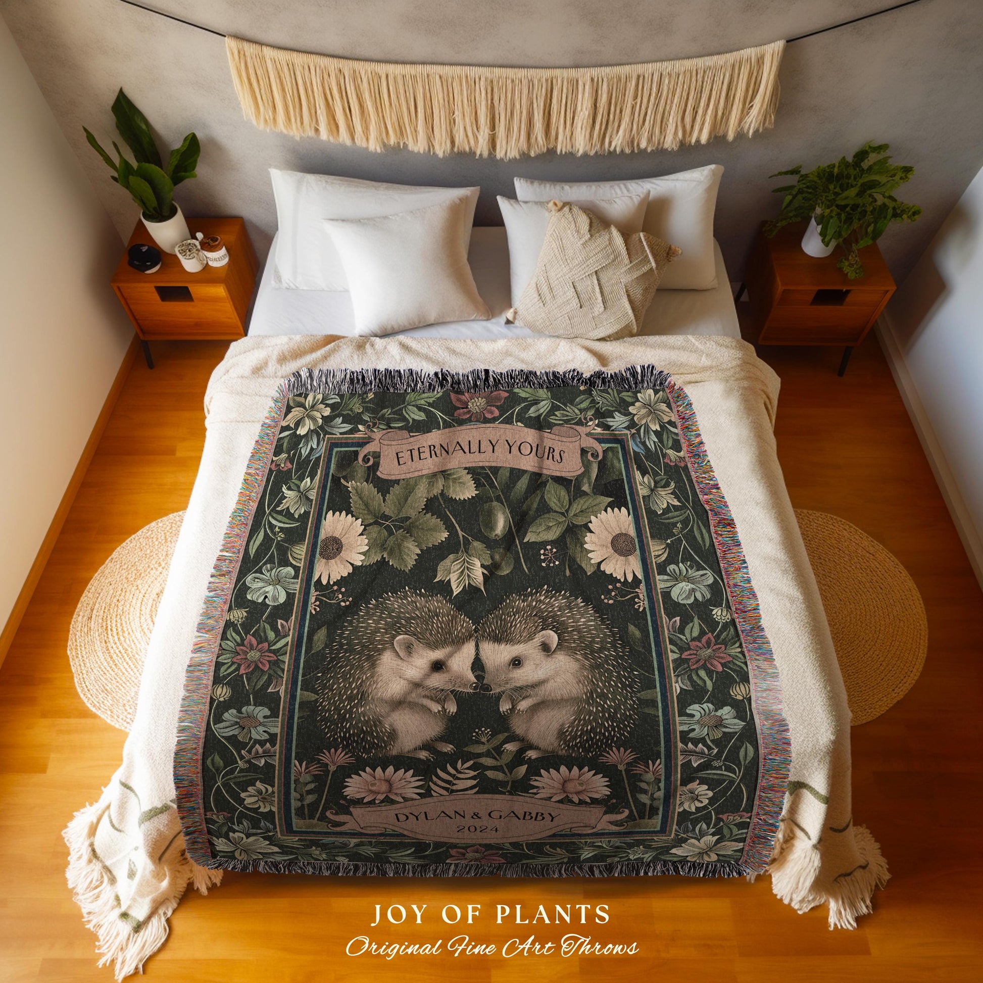 Custom Names Hedgehog Couple Blanket | Sentimental Anniversary Tapestry Woven Scandinavian Folk Wedding Custom Name Hedge Hog Gifts Floral